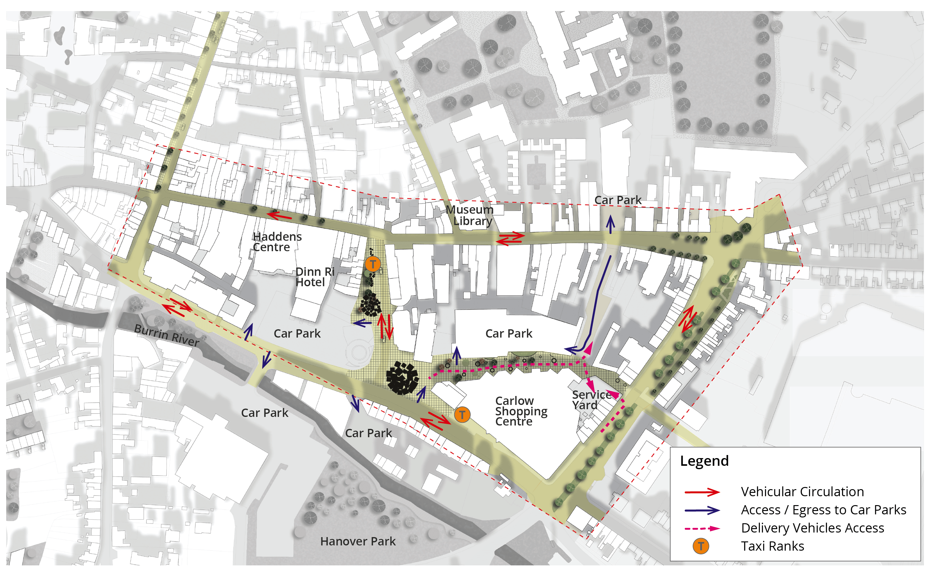 Map of Town Centre showing vehicular circulation; access/egress to car parks; Delivery vehicle access; and taxi ranks