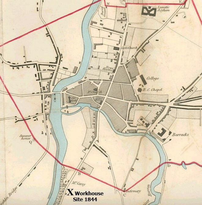 Figure 5.2:  1844 Map clearly depicting the then built form of Carlow-Graiguecullen (Source: Carlow Central Library).  
