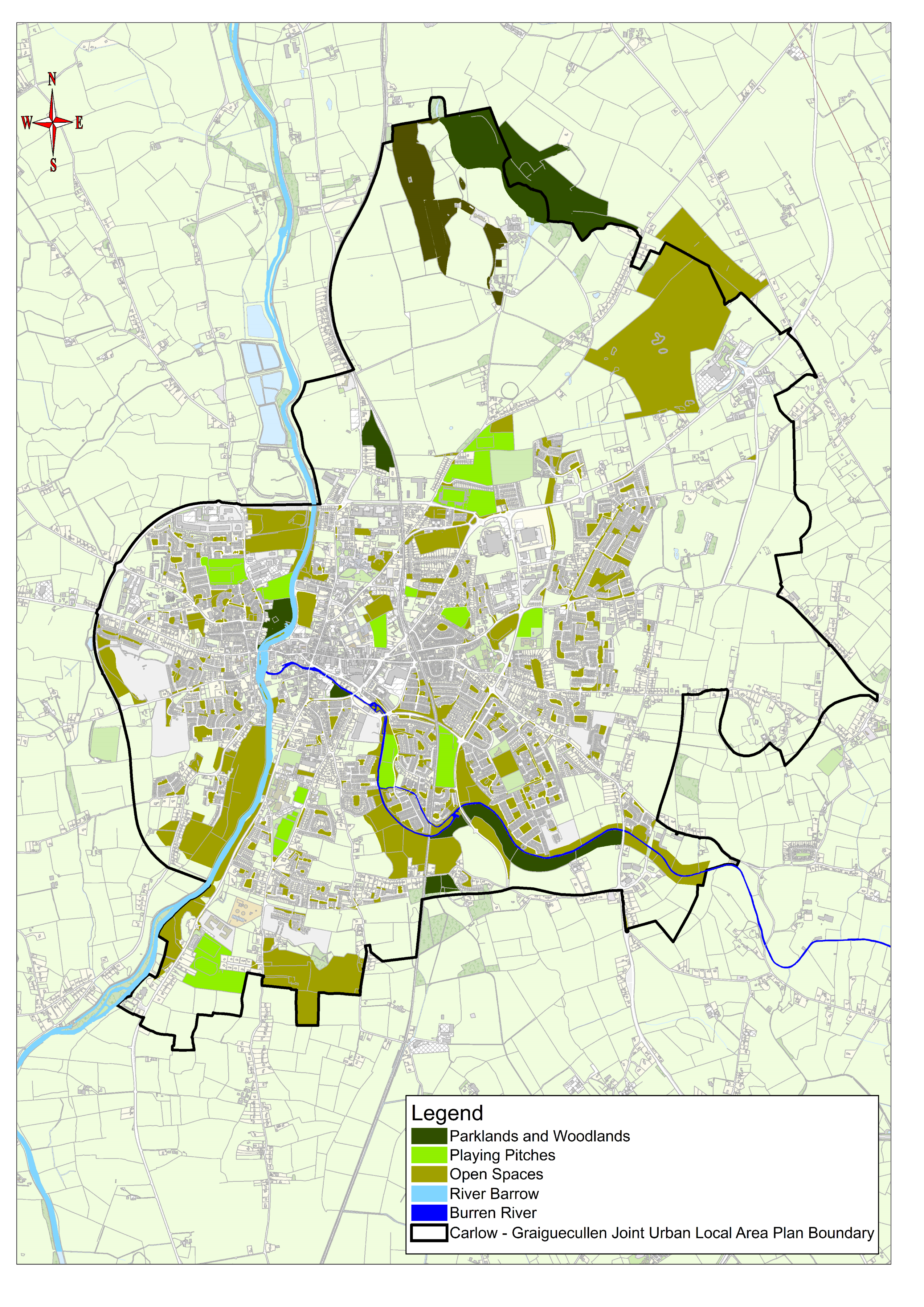 Map 10.3:  Network of Existing Green Infrastructure in Carlow-Graiguecullen